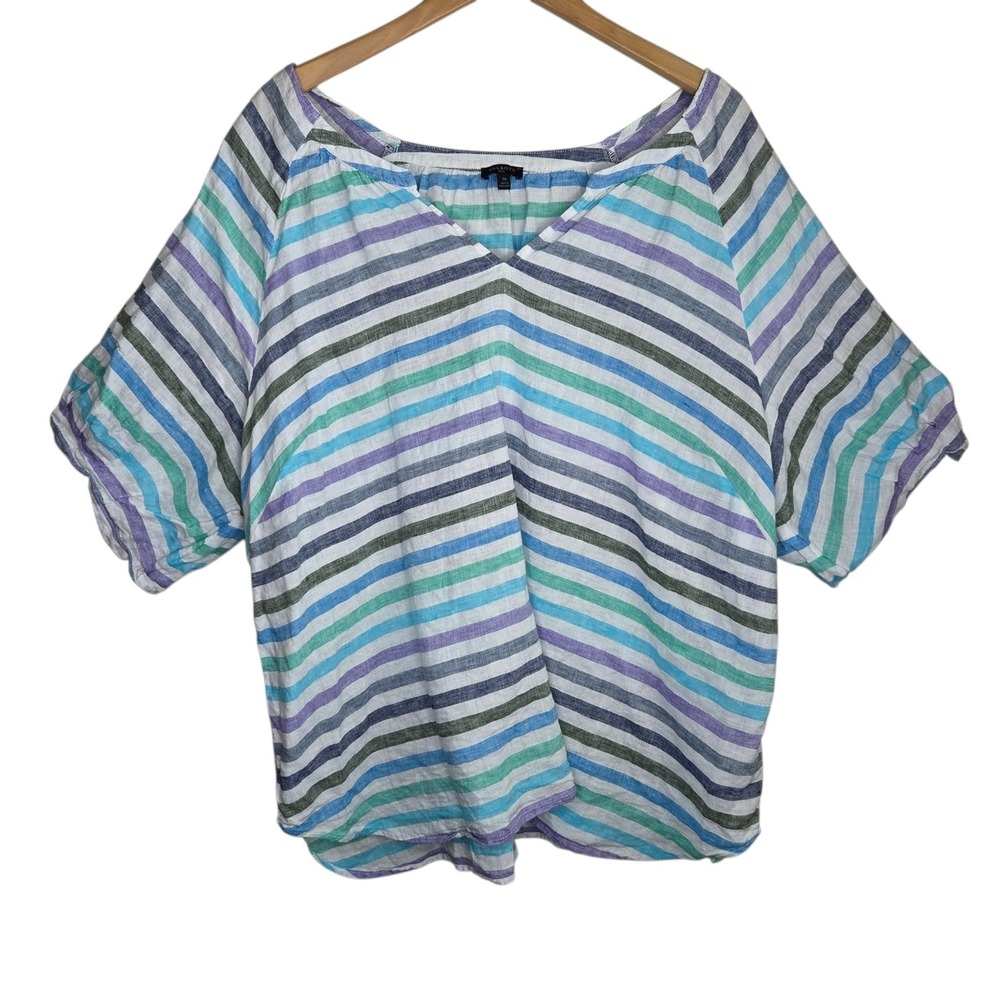 Talbots Womens Plus 3X 100% Linen Popover Top Rockport Stripe Beach Resort